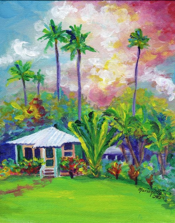 Whimsical Waimea Plantation Cottage at Sunset  Art Print from Kauai Hawaii, tropical plants, coconut palms