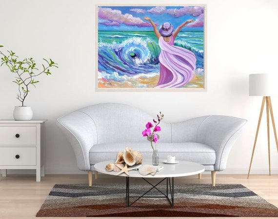 Woman at the Beach, Large Art Print, Hawaiian Decor, Kauai Art, Hawaii Print, Female Power, Ocean Wave, Lady with Hat, 16x20 18x24 24x30