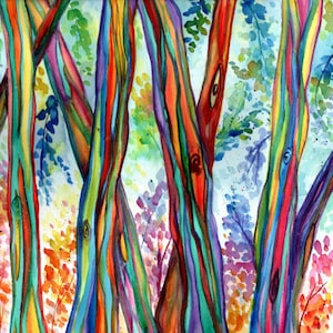 Rainbow Eucalyptus Tree, Watercolor Print, Hawaiian Trees, Kauai Hawaii Wall Decor, Eucalyptus Forest, Colorful Trees, Tropical Wall Art