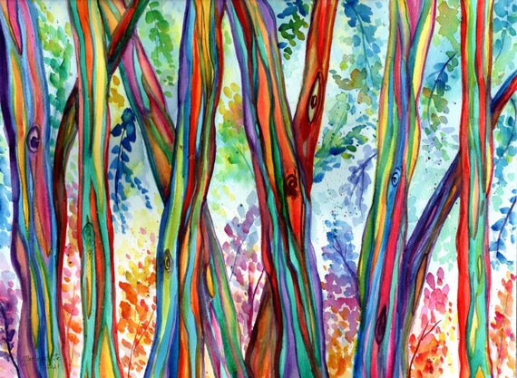 Rainbow Eucalyptus Tree, Watercolor Print, Hawaiian Trees, Kauai Hawaii Wall Decor, Eucalyptus Forest, Colorful Trees, Tropical Wall Art