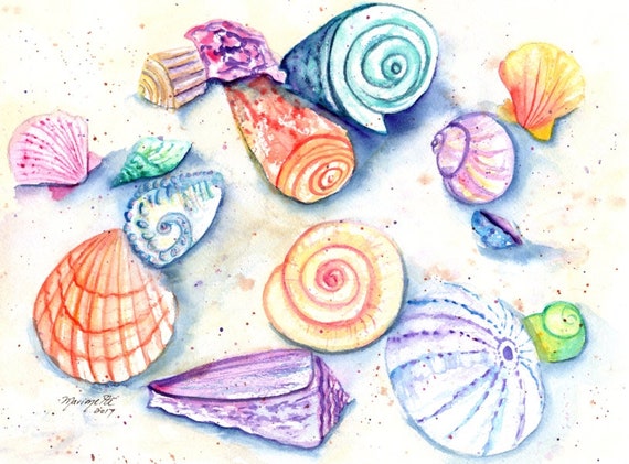 Seashell Art, Seashell Print, Seashells watercolor, Hawaii art, sea shell painting, ocean art, Hawaii painting, nursery art, Hawaii decor