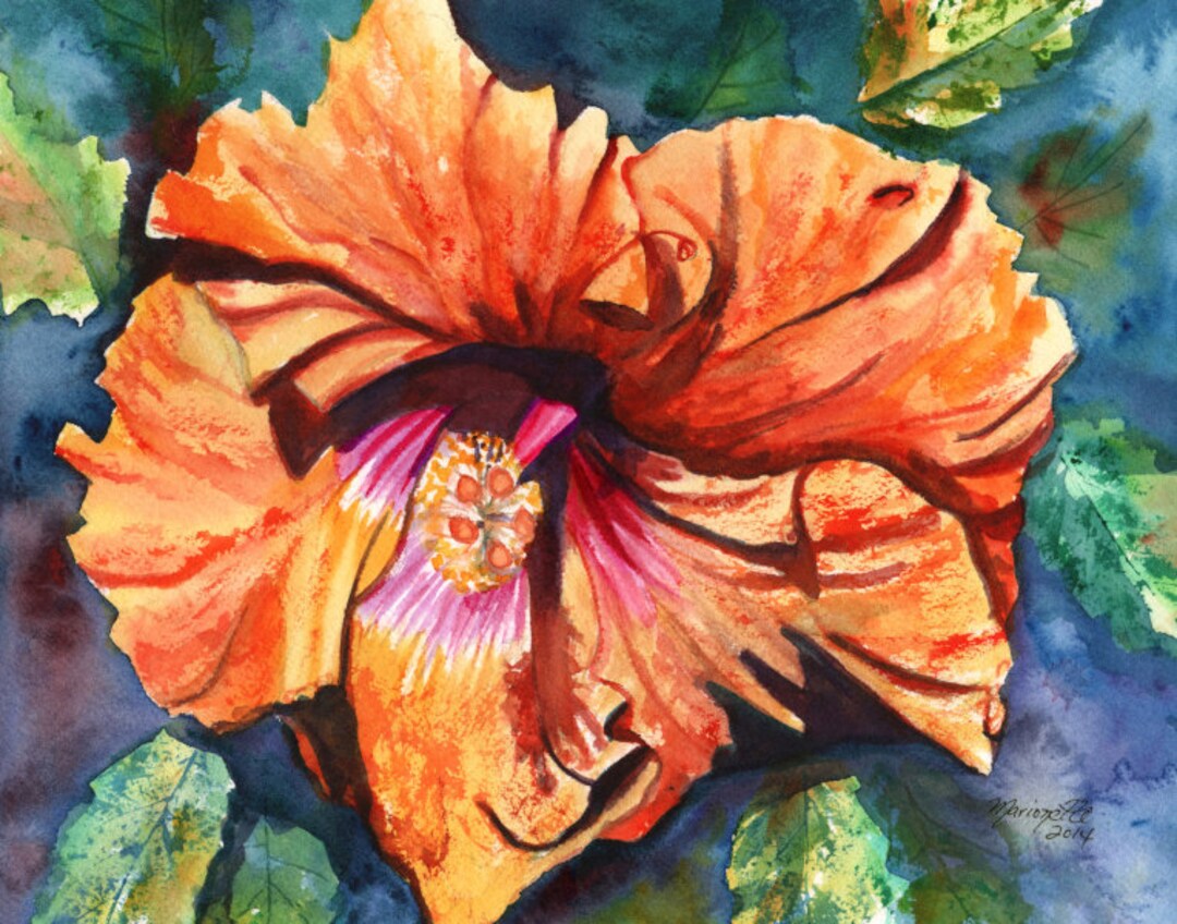 Hibiscus Painting, Hawaii Art, Orange Hibiscus Print, Hibiscus Flower