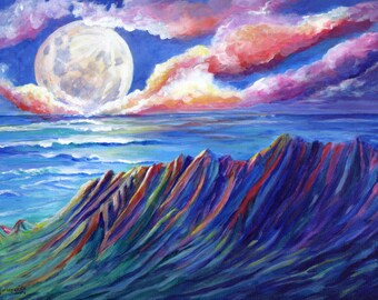 Moon Rising Over Kalalau Valley Kauai Hawaii Original Acrylic Painting