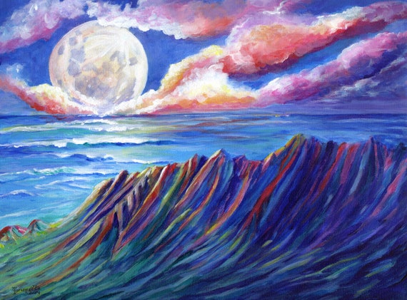 Moon Rising Over Kalalau Valley Kauai Hawaii Original Acrylic Painting