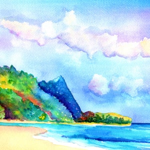 May include: Watercolor painting of a tropical beach scene with a lush green mountain in the background, blue ocean waves crashing on the shore, and a bright blue sky with fluffy white clouds.