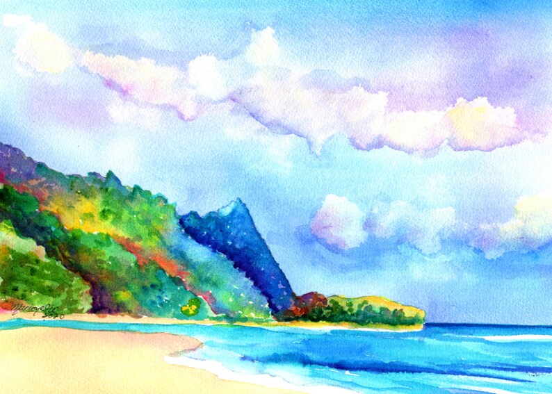 May include: Watercolor painting of a tropical beach scene with a lush green mountain in the background, blue ocean waves crashing on the shore, and a bright blue sky with fluffy white clouds.