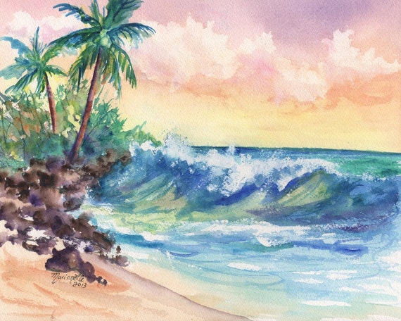 Beach art, Seascape print, ocean wave, kauai art, hawaii art, palm trees, ocean paintings, Hawaiian decor, Hawaiian design, tropical art