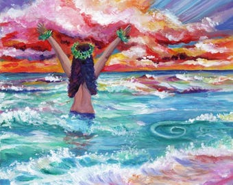 Hawaiian Hula Dancer Welcoming the New Day in the Ocean on Kauai Hawaii Fine Art Print