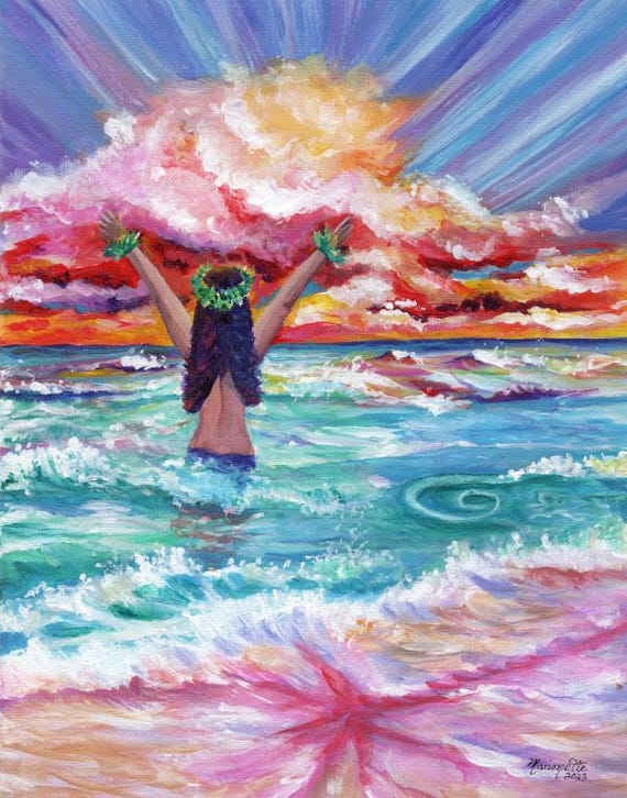 Hawaiian Hula Dancer Welcoming the New Day in the Ocean on Kauai Hawaii Fine Art Print