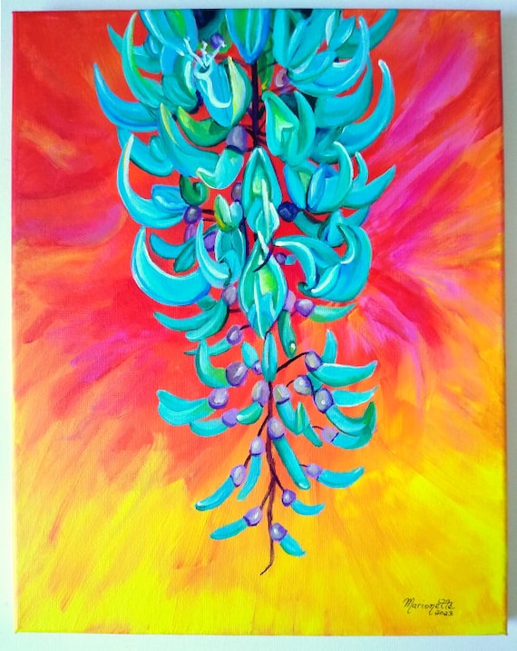 Blue Jade Vine, Original Acrylic Painting, Hawaiian Decor, Tropical Flowers, Emerald Creeper, Flor de Jade, Turquoise, Blue, Kauai Art