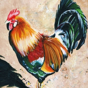 May include: A painting of a rooster with a bright orange, red, and yellow body, a black and green tail, and a white comb. The rooster is painted on a light brown background.