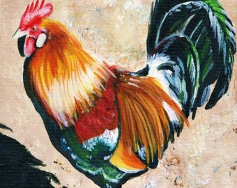 May include: A painting of a rooster with a bright orange, red, and yellow body, a black and green tail, and a white comb. The rooster is painted on a light brown background.