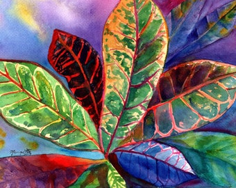 May include: Watercolor painting of a cluster of colorful leaves. The leaves are green, red, orange, and blue with intricate patterns. The background is a soft purple.