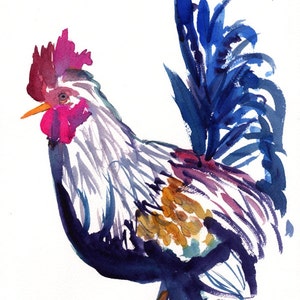 May include: Watercolor painting of a rooster with a blue tail, white and purple feathers, and a pink comb. The rooster is facing left and the painting is signed "Mariomette C. 2013".