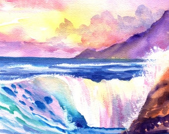 Kauai Big Surf Beyond Polihale Beach Original Watercolor, Hawaiian Paintings  Kauai Seascapes, Tropical ocean waves, Hawaii Decor