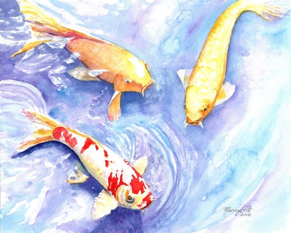 Koi art print, koi fish art, asian koi paintings, koi pond, orange koi, yellow koi, gifts for him, Japanese koi, feng shui art