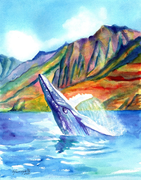 Breaching Humpback Whale Ocean Art Print, Hawaii Paintings, Sea Life, Kauai Na Pali Coast