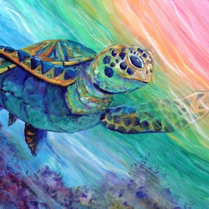 Swimming Sea Turtle, Kauai Art Print, Turtle with Rainbow, Hawaiian Paintings, Under the Sea Turtle, Honu, Kauai Art, Ocean Life