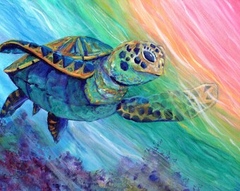 Swimming Sea Turtle, Kauai Art Print, Turtle with Rainbow, Hawaiian Paintings, Under the Sea Turtle, Honu, Kauai Art, Ocean Life