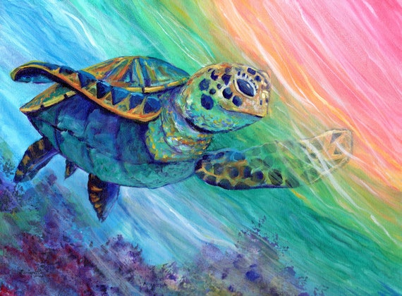 Swimming Sea Turtle, Kauai Art Print, Turtle with Rainbow, Hawaiian Paintings, Under the Sea Turtle, Honu, Kauai Art, Ocean Life