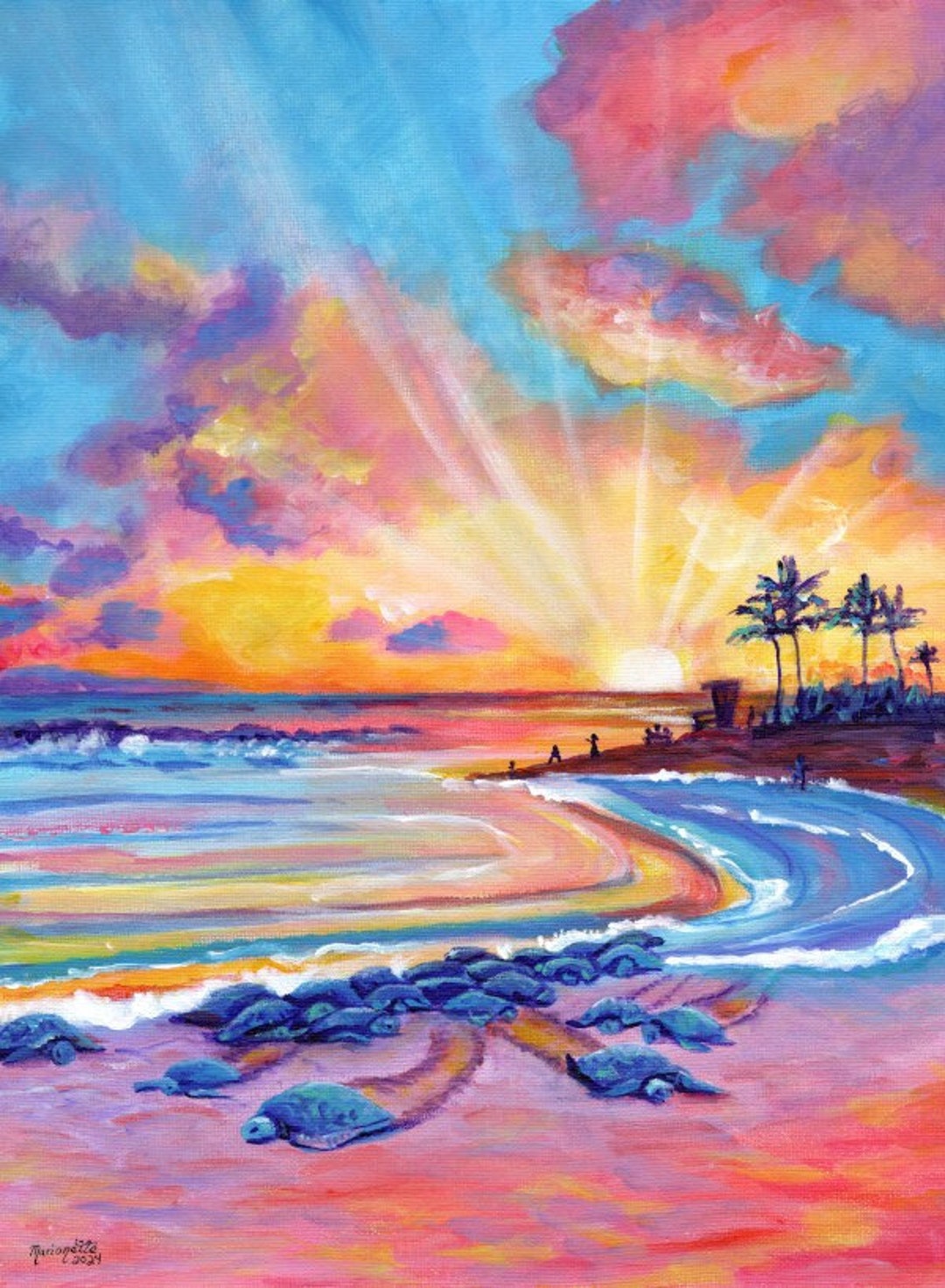 Sea Turtles at Poipu Beach at Sunset Original Acrylic Painting on