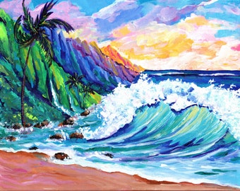 Kauai Na Pali Coast, Kauai Art Print, Colorful Hawaiian Sunset, Tropical Beach Art, Hawaii Painting, Ocean Wave Seascape