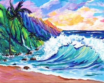 Puede incluir: Una pintura que representa una escena de playa tropical con una gran ola rompiendo en la orilla. El cielo es una mezcla vibrante de rosa, naranja y amarillo, y las montañas en el fondo son de un morado intenso. Las palmeras son verdes y exuberantes, y el agua es de un azul brillante.