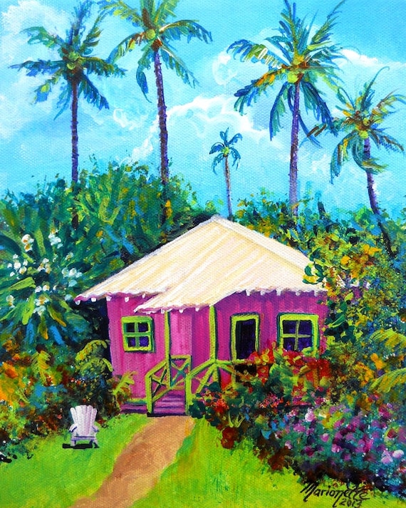 Pink Plantation Cottage,  Kauai Print, Kauai Cottages, Pink Houses, Plantation House, Hawaii art, Hawaii Painting, Whimsical Cottage
