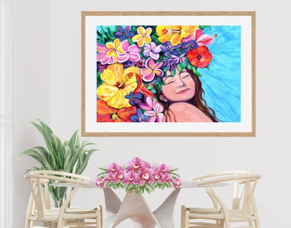 Woman with Tropical Flowers, Large Art Print, Hawaiian Decor, Kauai Art, Hawaii Print, Bliss, Plumeria, Hibiscus, Orchid, 16x20 18x24 24x30