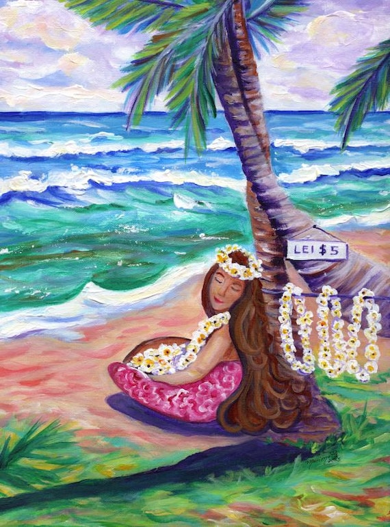 Hawaiian Lady Selling Plumeria Lei  from Kauai Hawaii Original Acrylic Painting with Turquoise Ocean Waves and Coconut Palm Trees