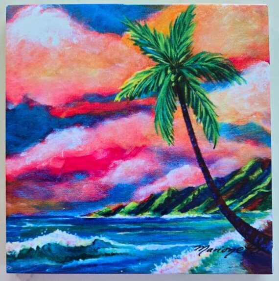 Tropical Na Pali Coast with Palm Tree Ceramic Tile, Kauai Hawaii Art by Marionette, Trivet