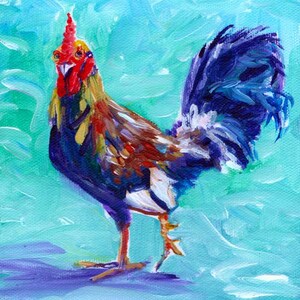 May include: Vibrant painting of a rooster with a red comb and wattle, standing on a blue and purple surface. The rooster has a blue and purple tail, with brown and yellow feathers. The background is a light blue colour.
