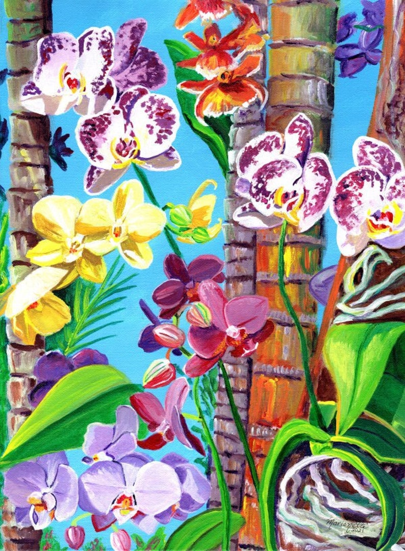 May include: A painting of colorful orchids in various shades of purple, pink, yellow, and white. The orchids are painted against a bright blue background with palm tree trunks in the background.