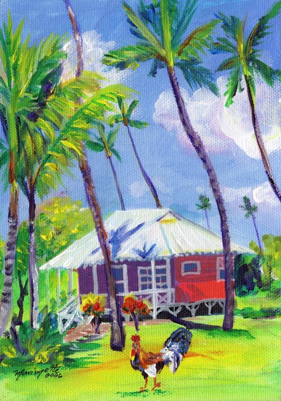 Waimea Plantation Cottage Number 85  Art Print from Kauai Hawaii with Rooster