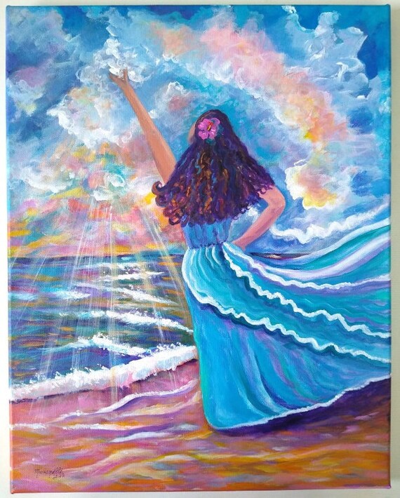 Kauai Hawaii Original Acrylic Painting, Hawaiian Woman Art, Transform the World, At the Beach at Sunset