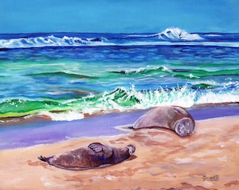 Hawaiian Monk Seals on Kauai Beach Wall Art