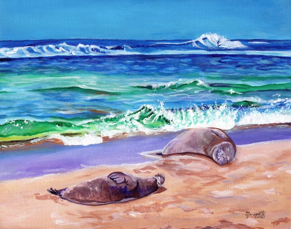 Hawaiian Monk Seals on Kauai Beach Wall Art