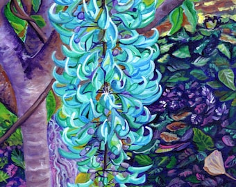 May include: A painting of a vibrant blue flower with a long stem and many petals. The flower is growing against a background of green and purple leaves.