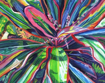 May include: A close-up of a painting of a vibrant green, blue, red, and pink plant with long, thin leaves. The plant is painted in a stylized, abstract style.