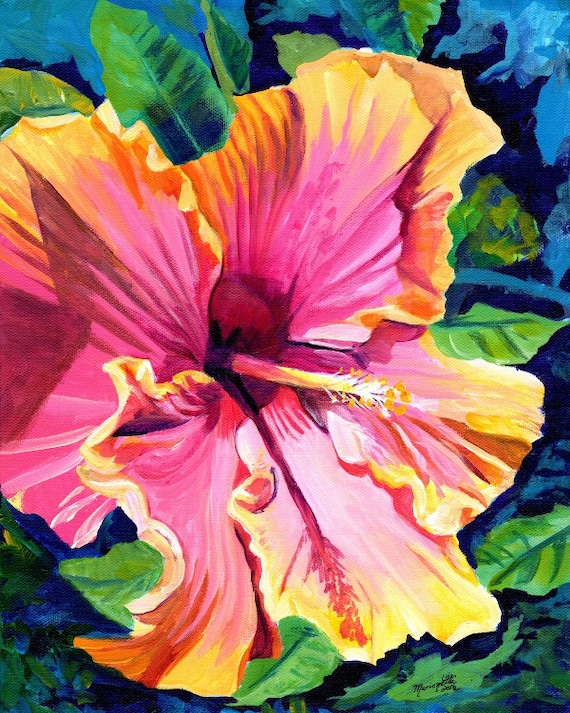 hibiscus art print,  hibiscus paintings,  hawaii art, hawaiian paintings, pink hibiscus, tropical flowers, Hawaii decor, maui art, oahu art