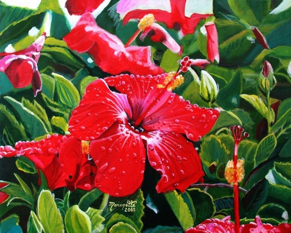 red hibiscus print, Mele Kalikimaka, Hawaiian Christmas,  Kauai art, Hawaii print,  hibiscus art, hibiscus painting, red hibiscus decor