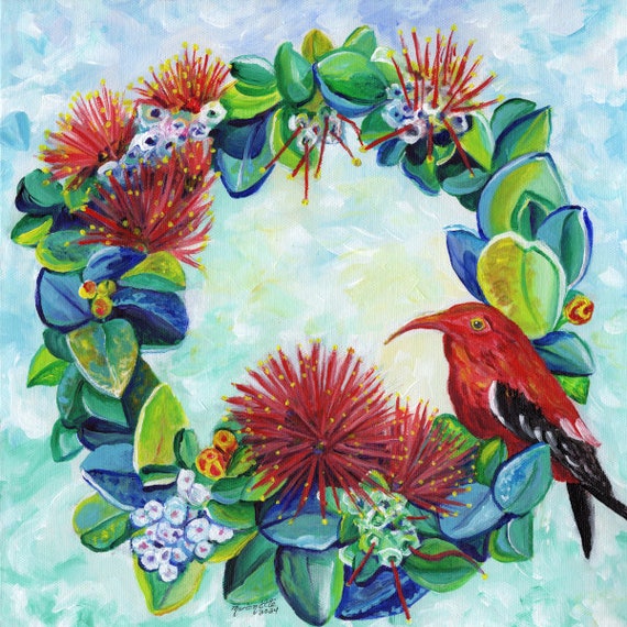 Kauai Native Forest Wreath Art Print with Iiwi Bird and Ohia Lehua Flowers, Hawaii Christmas, Mele Kalikimaka