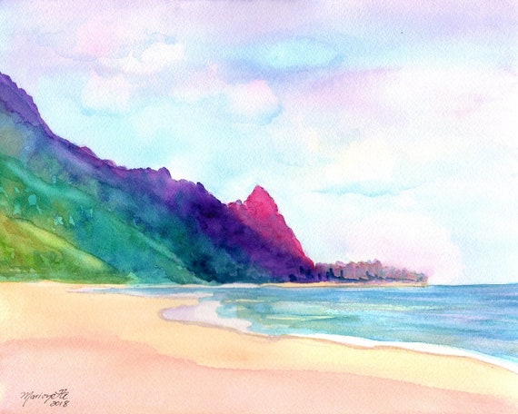 Kauai Tunnels Beach, Hawaii Art, Art Print, Watercolor Print, Kauai painting, beach art, beach paintings, Kauai watercolors, makana