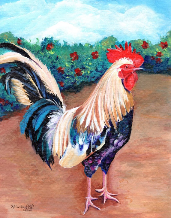 Rooster Art Print, Kauai Chickens, Plantation Life Paintings, Kitchen Decor, Fowl Art, Colorful Birds, Hibiscus, Made in Hawaii