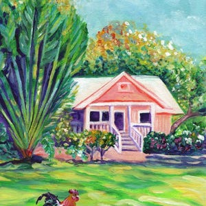 May include: An acrylic painting of a quaint pink house with a white roof and porch, surrounded by lush green trees and a vibrant green lawn. A colorful rooster stands in the foreground. The artist's signature and date are in the lower left corner.