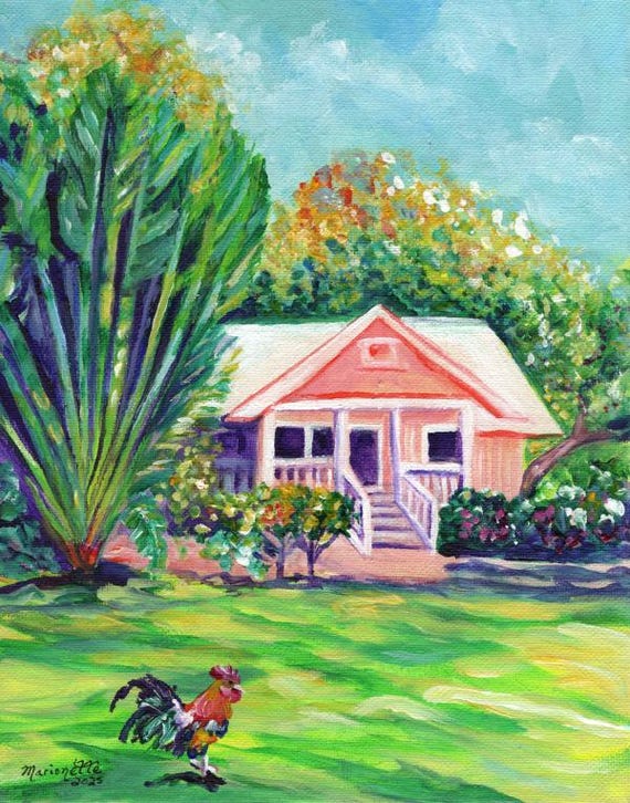 Waimea Plantation Cottage Number 36 Art Print from Kauai Hawaii with Rooster