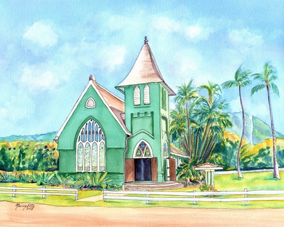 Hanalei Church, Kauai print, Hanalei Green Church, Waioli huiia church Kauai, kauai artist, hawaiian art galleries, Hawaii, kauai fine art,