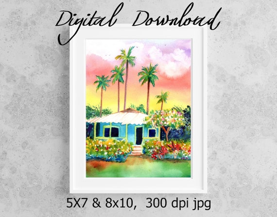 Plantation Cottage Print Digital Download 8x10 5x7 jpg Watercolor Print Printable wall art Hawaii Decor Hawaiian House Print it now at home