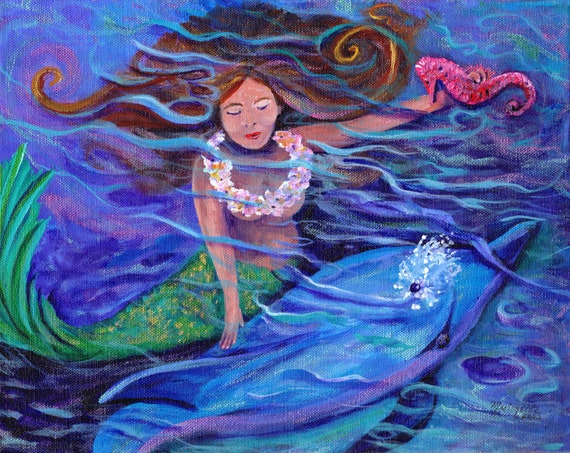 Dolphin Mermaid Seahorse Print, Kauai Art, Hawaiian Ocean Life, Mermaid Fantasy, Dolphin Rescue, Sea life, protect the ocean
