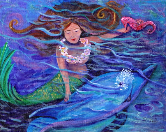 Dolphin Mermaid Seahorse Print, Kauai Art, Hawaiian Ocean Life, Mermaid Fantasy, Dolphin Rescue, Sea life, protect the ocean